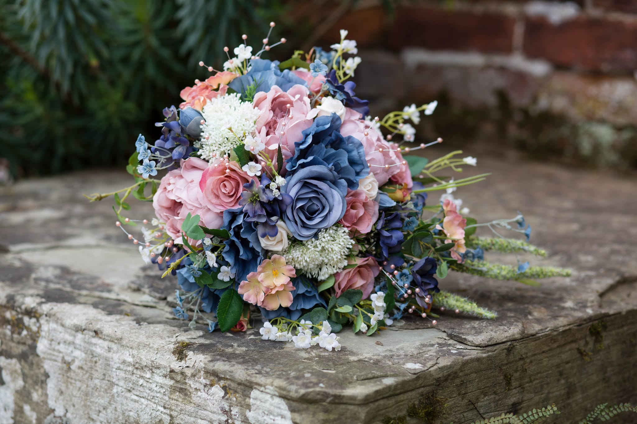 Delbury hall artificial flowers bridal bouquet with blue and peach roses