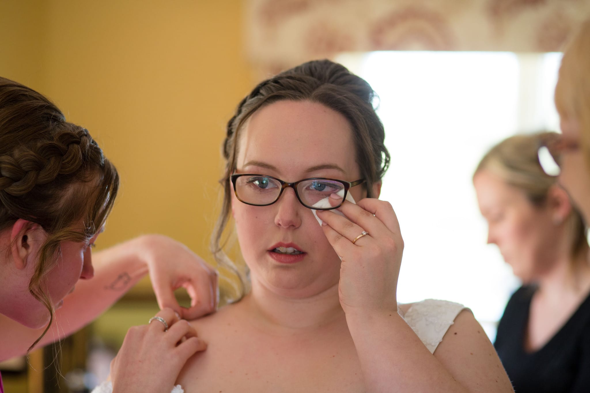 Bride gets emotional getting into wedding dress Delbury Hall