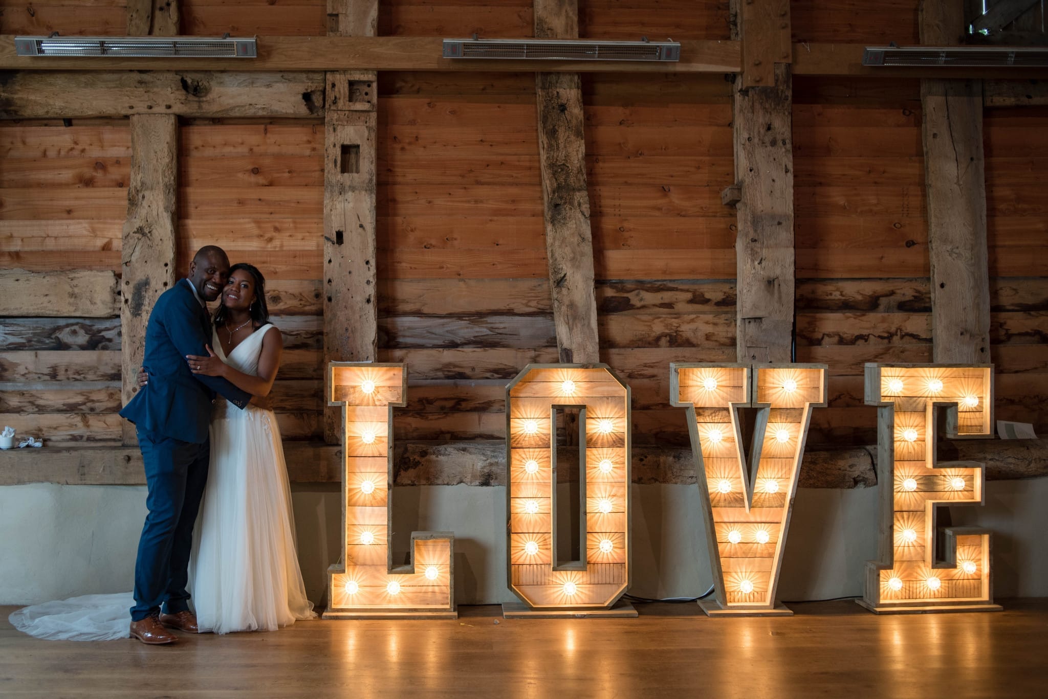 Pimhill Barn wedding with light up love letters