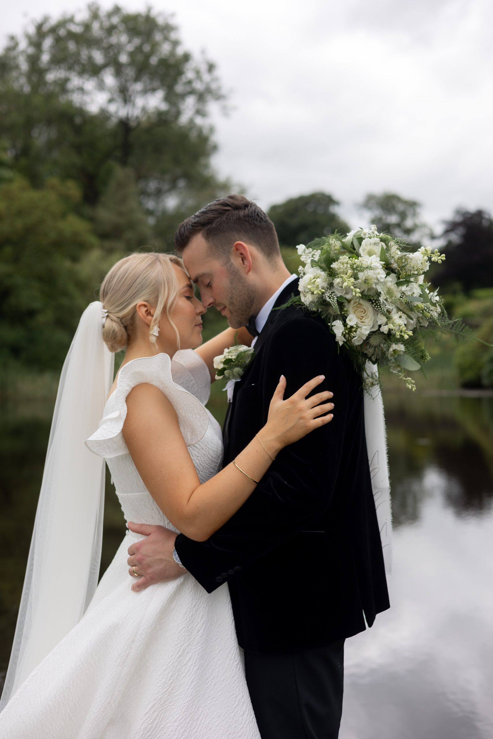 Couple on wedding day at Foxtails Barn wedding venue